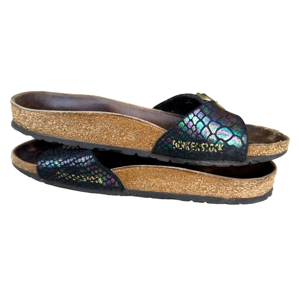 ⁠Birkenstock Madrid Black Metallic Python Snake Sandals Sz 38 Gold Buckle